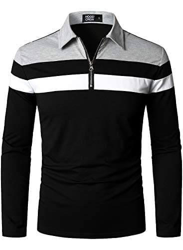 Image of HOOD CREW Mens Casual Long Sleeve Polo Shirts Contrast Color Patchwork Cotton Tee Tops Black