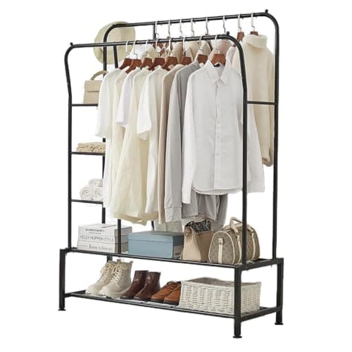 Image of House Of Home Extra Heavy Duty Clothes Rail, Holds 120KG Black Metal Clothing Stand With Double Hanging Rails, Shoe Racks, Storage Shelves, Coat & Garment Rack, Wardrobe Organiser for Bedroom