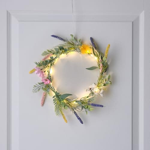 Image of Lights4fun 20cm Pre-Lit Artificial Lavender Wildflower Foliage Wreath with 16 Warm White LEDs – Battery Operated Front Door & Indoor Wall Decoration, Spring Summer Floral Design with Timer Function