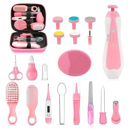 Image of Baby Healthcare and Grooming Kit, 20 in 1 Portable Baby Safety Care Set with Hair Brush Comb Nasal Aspirator Electric Nail Trimmer Set Baby Essentials kit for Newborn Boys Girls (Pink)