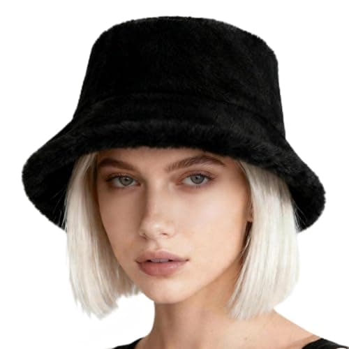 Image of ITODA Winter Warm Furry Bucket Hat Faux Fur Winter Thermal Hat Wide Brim Fisherman Cap Soft Plush Fluffy Hat Cozy Warm Cap for Women Girls Black