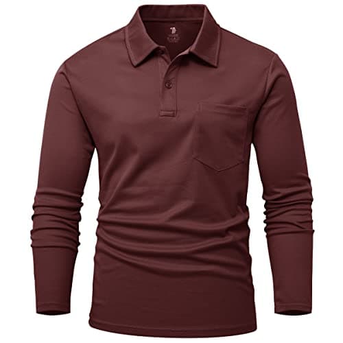 Image of Rdruko Mens Long Sleeve Polo Shirts Smart Casual Golf Tops Breathable Wicking Quick Dry Polyester Work T Shirts with Pocket Wine Red L