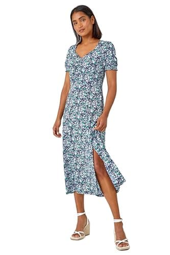 Image of Roman Floral Print Dress for Women UK Ladies Sweetheart Neck Ruched Midi Maxi Long Length Short Sleeve Flattering Casual Summer Spring Party Evening Going Out - Navy White Green - Size 20