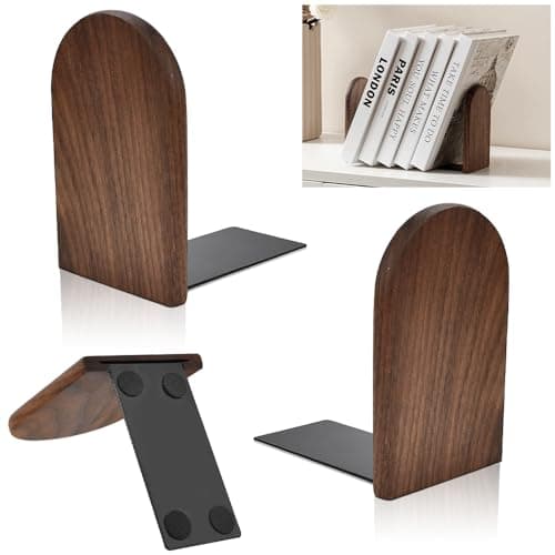 Image of HEKOBAG 1 Pair Book Ends, Walnut Wood Bookends, Non-Slip Bookends, Heavy Duty Wooden Bookend Support Natural Walnut Book Stopper L-Shaped Book Ends for Shelves Home Office and Library(Round Head)