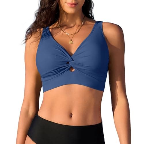 Image of Navy Blue Women's Bikini Top Twist Front V-Neck Swimwear Adjustable Padded Swim Bra Mix & Match Bathing Suit Tops for Large Bust UK Holiday Beachwear