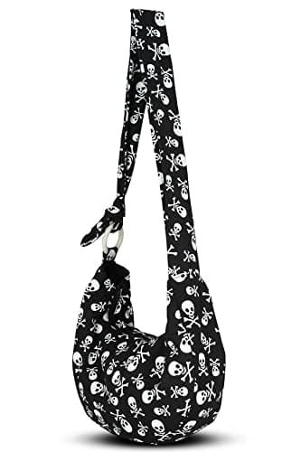 Image of YOUR COZY Hobo Crossbody Bag for Women – Handmade Cotton Boho Purse with Wooden Ring | Lightweight Slouchy Shoulder Sling Tote Bag (White Skull)