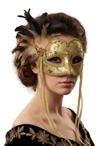 Image of labreeze Gold Venetian Masquerade Eye Mask with Feather Embellishment, Glitter Detail, Ribbon Ties, Costume Party Accessory for New Year's Eve Celebrations