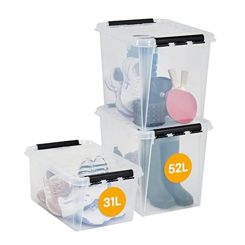 Image of SmartStore Storage Boxes Bonus Pack 2x 52L + 1x 31L, Reinforced, Clear, 10 Year Guarantee, Food Safe, Clip Locked, Stackable and Nestable, BPA Free, L50 x W39 x H41cm