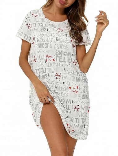 Image of MIA LUCCE Womens Nightdresses Short Sleeve Cotton Fashion Print, Women's Nightdresses & Nightshirts Nighties Women's Nightwear Summer Sleepshirts(White snow,Small)