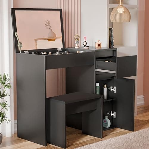 Image of Blisswood Dressing Table with Flip Up Mirror and Stool, Vanity Makeup Table Drawers Storage Unit Cosmetic Bedroom Dresser Make Up Desk For Living Room, Bedroom Furniture (Black)
