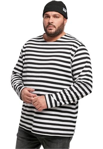 Image of Urban Classics Men's Regular Stripe LS Long Sleeve T-Shirt with Horizontal Stripe Pattern for Men Sizes S-5XL, White/Black, S