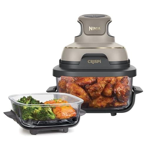 Image of Ninja CRISPi Portable Air Fryer, 3.8L, 4-in-1: Air Fry, Roast, Keep Warm, Recrisp, Space Saving Compact Design, 6 Portions, 2x Removable Glass Containers & Lids, 1700W, Stone Gold FN101UKSTGD