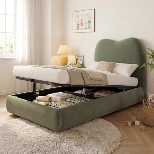Image of Merax 3ft Single Ottoman Bed with Hydraulic Lift Storage, Upholstered Velvet Bed Frame with Headboard, Children's Bed for Bedroom, Green, 90x190cm, No Mattress