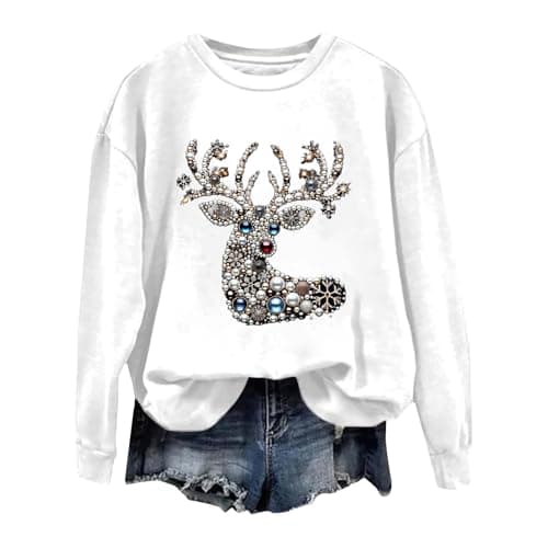 Image of Women's Christmas Pearl and Gem Printed Reindeer Sweatshirts, Xmas Novelty Crew Neck Long Sleeve Jumper Winter Casual Stylish Warm Pullover Tops Leisure Cozy Plus Size Clothes (White, S)