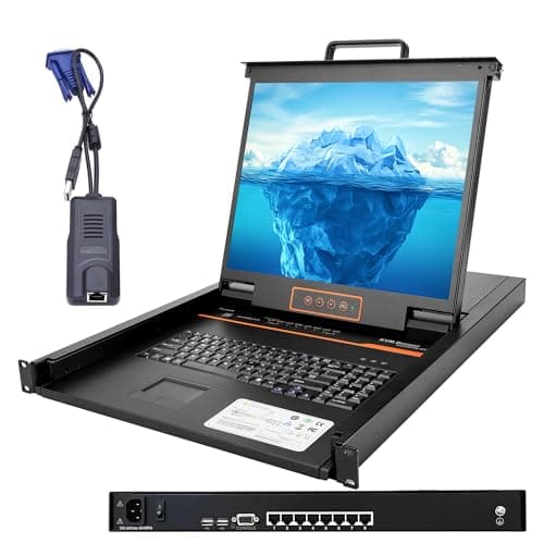 Image of 1U Rack Mount KVM Console w/8 Port Cat5 KVM Switch +8 VGA to RJ45 Dongles, 19" Rackmount Monitor and Keyboard, OSD/Hotkey/Button Switching,1280×1024@60Hz,23.8" Deep,Support Windows, Linux, Mac and Sun