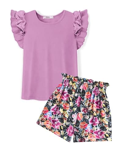 Image of Arshiner Girls Cotton Clothing Sets Purple Summer Outfit Ruffle Sleeve Round Neck T-Shirt with Shorts Set Children Casual Two Piece Girls Clothes with Pockets 11-12 Years