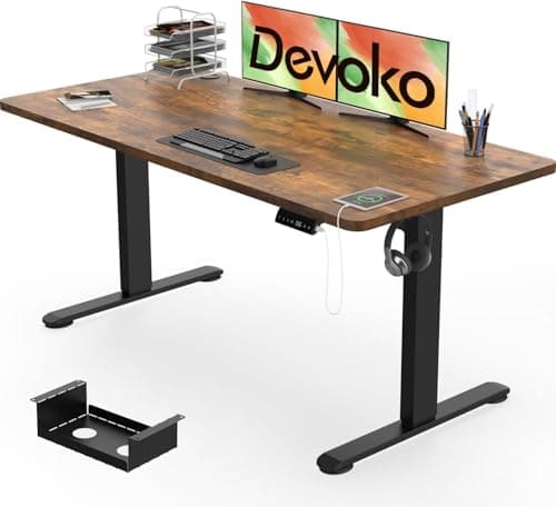 Image of Devoko Electric Standing Desk 140x70cm, 18mm Thick Tabletop, Sit-Stand Height Adjustable with Sedentary Reminder, USB Charging Port, 3 Memory Smart Panel, Heavy-Duty Steel Frame (Rustic Brown)