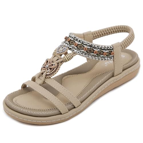 Image of ZDQ Sandals Womens Ladies Summer Casual Comfortable Flat Arch Support Bohemian Wide Fit Slip-on Sandals with Elastic Ankle Strap Beige 6