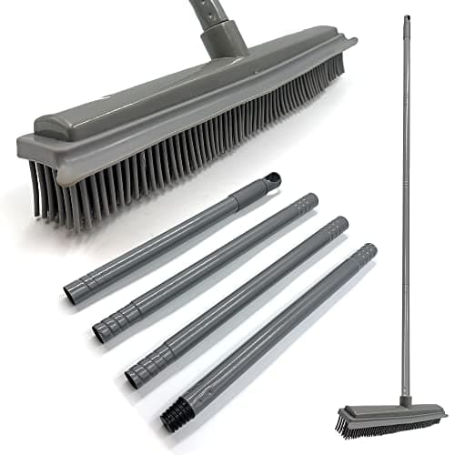 Image of Rubber Broom with 120cm Multi-Section Metal Handle, 31cm Wide Rubber Brush Head with Built-in Squeegee − Soft Broom Indoor, Carpet Sweeper, Spill Cleaner, and Pet Hair Remover