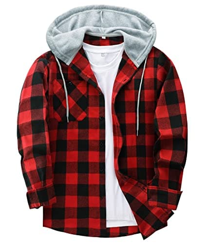 Image of JACKETOWN Men's Plaid Shirts Casual Sweatshirt Hoodie Long Sleeve Shirt with Pocket Button Down Checked Shirt Flannel Regular Fit 4 Seasons Lumberjack Shirts Red