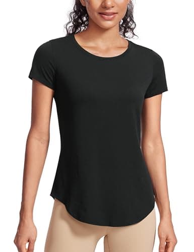 Image of CRZ YOGA Women's Pima Cotton Sports T-Shirt Short Sleeve Workout Shirts Crewneck Running Yoga Top Black-New 10