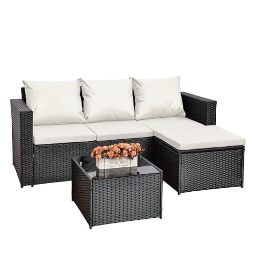 Image of AOUXIN Rattan Garden Furniture Set, 3-Piece Outdoor Sectional Sofa, Black Wicker with White Cushions