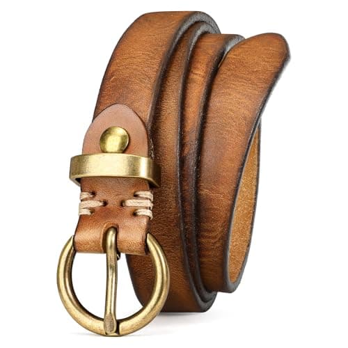 Image of VONMELLI Womens Genuine Leather Belts for Jeans Pants Trendy Vintage Ladies Thin Leather Skinny Waist Belt Gold Buckle, Brown, Fit Waist Size 31-36 Inches