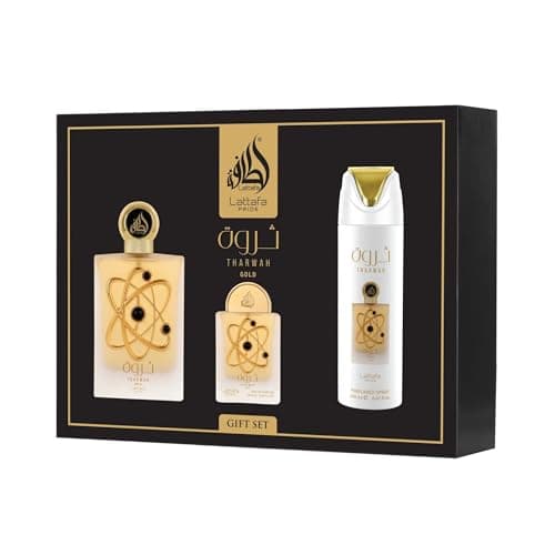 Image of Lattafa Pride Tharwah Gold 3pc Giftset For Women -100ml Eau de Parfum + 200ml Perfumed Body Spray + 20ml Travel EDP and a Refillable Bottle