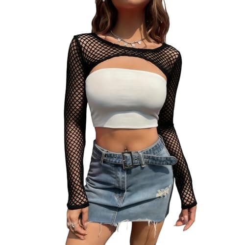 Image of DUOYIJIN Mesh Fishnet Tops for Women Long Sleeve Shrug Fishnet Novelty Crop Tops Y2K Clubwear Ladies Disco Retro Outfit 1980s Costume Black
