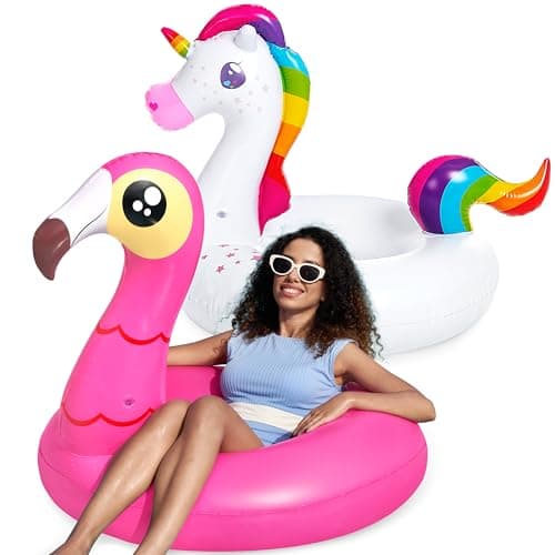 Image of JOYIN 2-Pack Flamingo Unicorn Pool Float - Fun Floaties Inflatable Swimming Pool Tubes Toys Party Decorations, Summer Vacation Lake Beach Floaty Swim Rings Raft Lounger for Adults & Kids