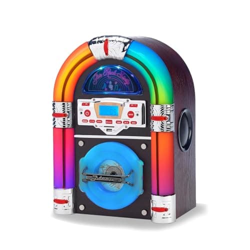 Image of Steepletone Jive Rock Sixty XP DARK Wood, Table Top Mini CD Jukebox & Bluetooth Playback, Multi COLOUR CHANGING Light Tubes. FM Radio, Mains Electric, Earphone, Remote Control. Music Streaming