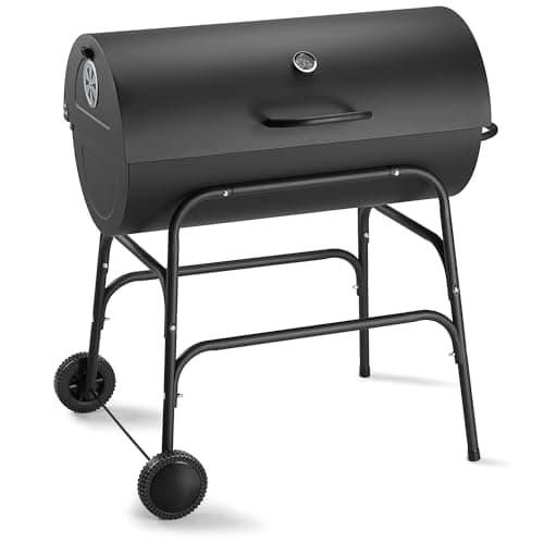 Image of VonHaus Charcoal BBQ – XL Portable Barrel Barbecue with Warming Rack, Temperature Gauge, Wheels, Large Cooking Grill, Air Vents – 2 in 1 Barbeque and Smoker – Grill Meat, Fish & Vegetables
