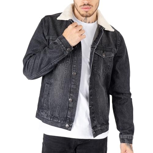 Image of NOROZE Mens Denim Jacket with Detachable Sherpa Collar Classic Fur Jean Trucker Coat (S, Black)