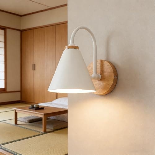 Image of XINYASEE Modern Nordic wall lamp, Wooden Base - Black and White Metal Shade wall lamp, Bedside wall lamp, Suitable for Bedroom, Living Room, Hallway, E27 Bulb (not Included) (White)