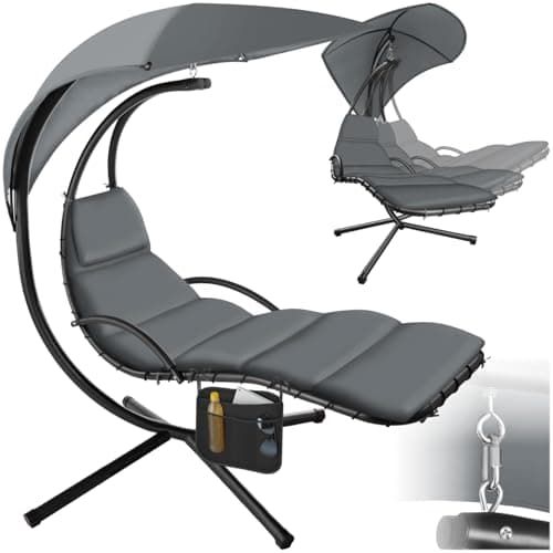 Image of tectake® Hanging Garden Chair with UV-Protected Sun Canopy, Headrest & Steel Frame, Padded Garden Swing with Non-Slip Caps & Pocket - Ergonomic Hammock with Stand for Patio, Garden & Balcony - Grey