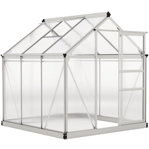 Image of Outsunny 6 x 6ft Polycarbonate Greenhouse, Large Walk in Green House with Slide Door and Window, Garden Plants Grow House with Aluminium Frame and Foundation, Silver Tone