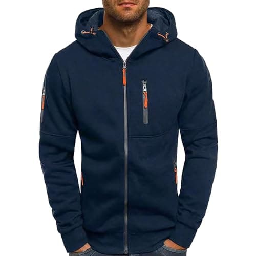 Image of Generisch Black Men's Hoodie with Zip Cap Long Pullover Men's Coats Jackets Sweatshirt Men's Camp, navy, L