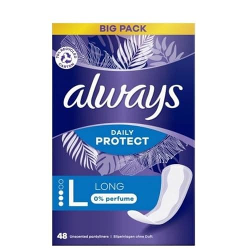 Image of Always Daily Protect Long Pantyliners, Pack of 48, 0% Fragrances, Comfort with Absorbent Core