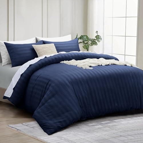 Image of INSPIRE HOMEWARE Double Duvet set - Premium Hotel Quality Reversible Satin Stripes Duvet Cover with 2 Pillowcases, Navy Double Bedding Set - Soft Microfiber Quilt Bedding