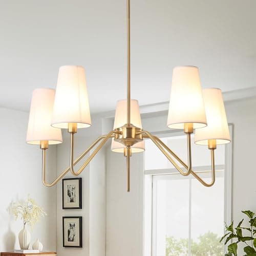 Image of ZenithBeam Modern Gold Chandelier,5-Light Pendant Light 76Cm E14 Chandeliers Ceiling Light with White Linen Lampshade Light Fittings for Bedroom Living Room,200W
