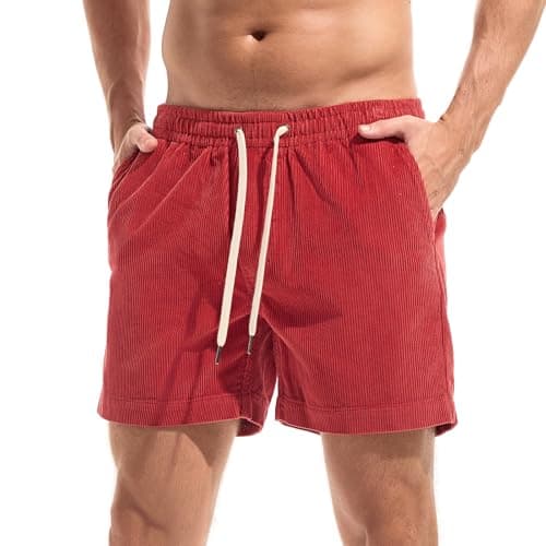 Image of Amy Coulee Men’s Corduroy Shorts, Elastic Waist Loose Fit Street Shorts, Vintage Lounge Vacation Wear (Red,L)
