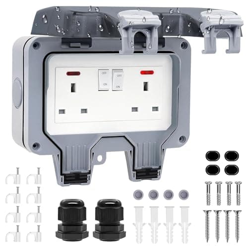 Image of Double Outdoor Socket Waterproof Outside Plug Socket Weatherproof IP66 Wall Electrical Outlet 13Amp 2Gang Storm Switched Power Socket