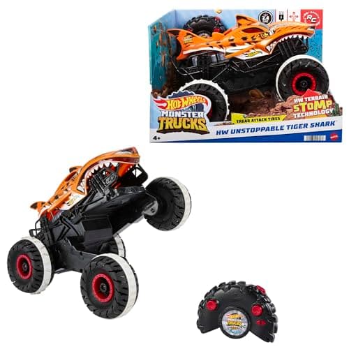 Image of Hot Wheels Monster Trucks Remote Control Car, Unstoppable Tiger Shark with Tread Attack Tires and Terrain Stomp Technology, 1:15 Scale, Toys for Ages 4 and Up, HGV87