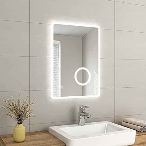Image of EMKE LED Bathroom Mirror with Shaver Socket 500x700mm, Bathroom Mirror with LED Lights, Backlit Wall Mounted Smart Mirror with 3X Magnifier, Touch Sensor, Vertical, IP44