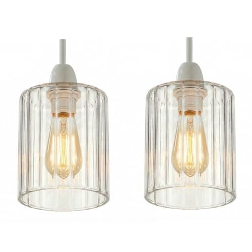 Image of 2Pack Ribbed Glass Lamp Shade 14cm Height x 10cm Diameter, Clear Fluted Light Shade Replacement, E27 Easy Fit Ceiling Pendant & Table Lamp Shade, Vintage Modern Lighting for Living Room Bedroom