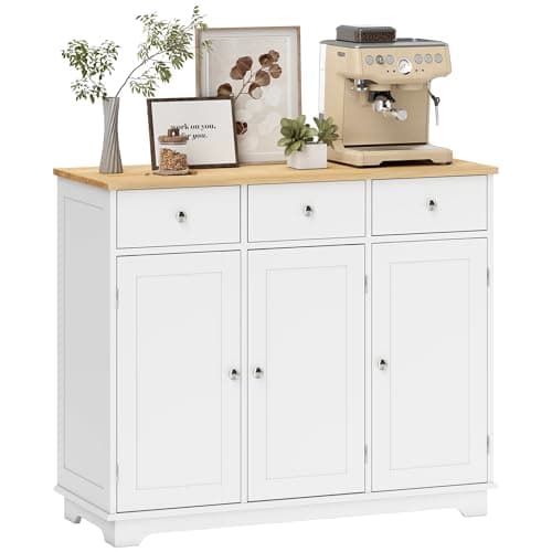 Image of HOMCOM Modern Sideboard with Rubberwood Top, Buffet Cabinet with Storage Cabinets, Drawers and Adjustable Shelves for Living Room, Kitchen, White