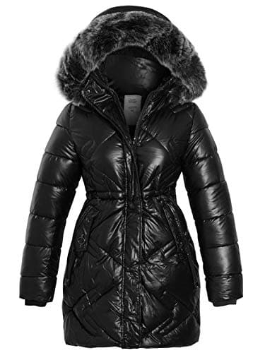 Image of SS7 Girls Padded Parka Coat with Faux Fur, Ages 4 to 14 years (13-14 Years, Black Shine)