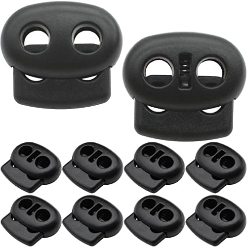 Image of LRMYS Dual-Holes Spring Cord Locks Set, Double 5mm Holes Loaded Plastic Round Cord Ends Stopper Fastener Oval Toggle Locks, Black 10 Pack