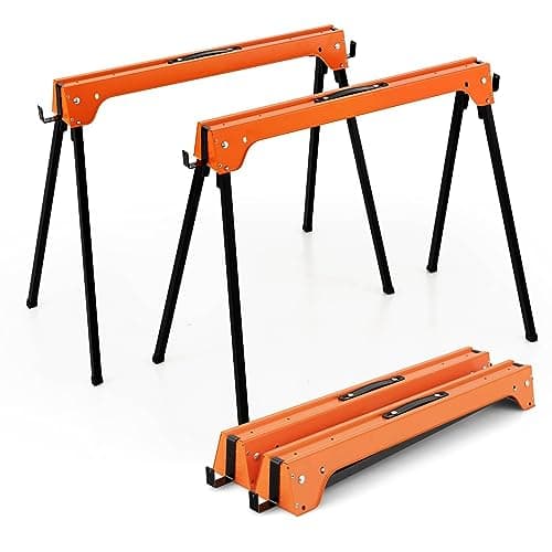 Image of TANGZON Folding Saw Horses Twin Pack, 2PCS Heavy Duty Workbench Metal Trestle Stands with Anti-Slip Top & Handle, Portable Sawhorses Pair, Each Sawhorse Supports Up to 227KG (Orange)