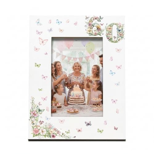 Image of 60th Birthday Photo Frame for Her, White with Butterflies and Flowers, 6x4 Inch Aperture, Wall or Desk Display (Portrait)